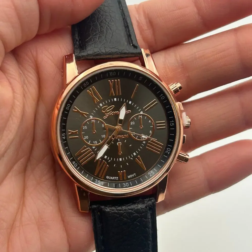 Geneva Platinum RoseGold Women's Fashion Watch Black Strap Working New Battery